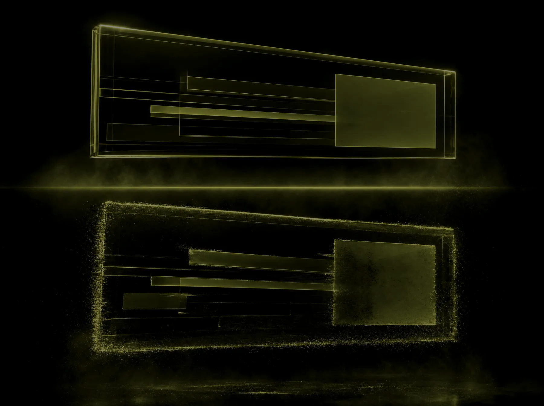 Two abstract luminous advertising panels stacked one above the other, the lower one fraying and misaligned, with a bright scan line running between them.